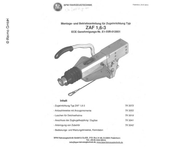 Auflaufeinrichtung mit Zuggabel 1500kg - Typ ZAF 1.6-3